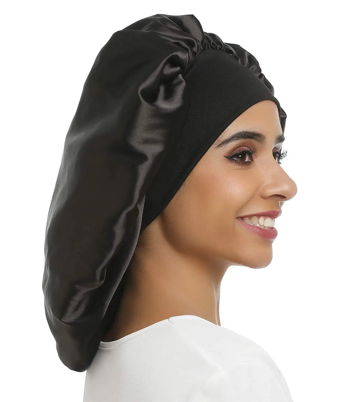 Mascarilla larga de seda negra con Logo personalizado para mujer, protector de pelo satinado