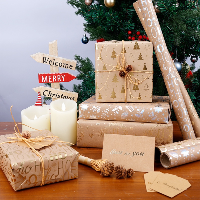 Cross-border New Christmas Wrapping Paper Kraft Paper Gold Series Roll Large Size Gift Wrapping Paper Minimalist Style Bronzing