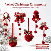Ornements de Noël en velours avec accents dorés, clochettes, boules, nœuds, pommes de pin rouges, décorations suspendues pour décorations d'arbre de Noël, maison festive