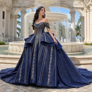 261094 Impresionante Vestido de Quinceañera Azul Marino con Escote Corazón, Lentejuelas, Cintura Natural, Bordado y Antiestático para Chicas de 15 Años - Product Image 1