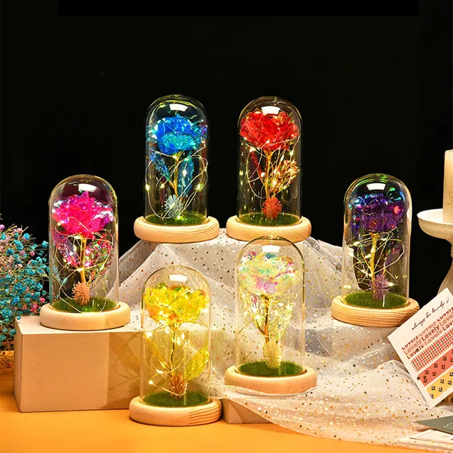 LED Lights Gold Foil single Rose Glass Dome Mother's Day Gifts Flowers Glass Cover Galaxy rose in glass dome