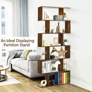 Étagère de rangement et de présentation <span class=keywords><strong>en</strong></span> bois à 6 niveaux, rustique, géométrique, moderne, <span class=keywords><strong>en</strong></span> forme de S, avec dispositif anti-renversement, pour salon et maison - Product Image 2