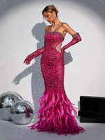 Robe de soirée haute couture 2024, nouvelle collection pour femmes, gants de luxe, élégante, strass, plumes, rouge rose, paillettes, sans bretelles