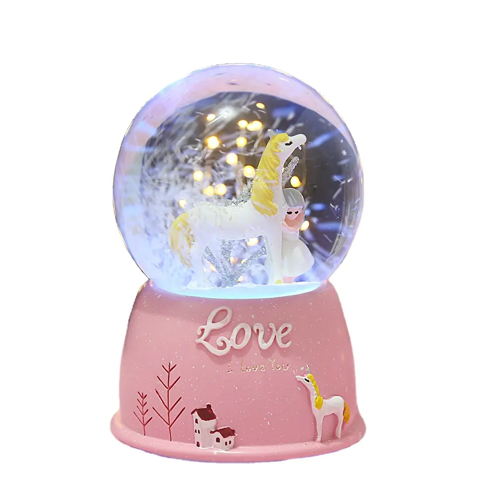 Resin Unicorn Romantic Couple Glowing Crystal Ball Music Box Snowflake Lights Music Box Ornament Girls Birthday Gift Carousel