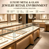 Vitrines en bois et en verre pour l'affichage des bagues et des bijoux en magasin de détail