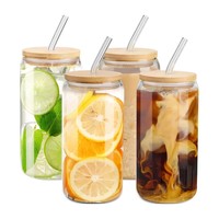 Vasos de vidrio a granel de 16 oz, bajo MOQ, vasos de vidrio de borosilicato alto con tapa de bambú y pajita