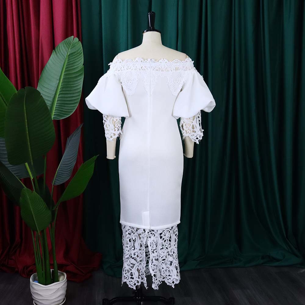 white plus size dress with flare sleeves and mermaid bottom
