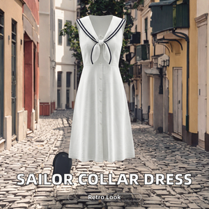 Robe longue décontractée d'été pour femme, col marin, blanche, boutonnée, sans manches, respirante, tissée, taille naturelle - Product Image 2