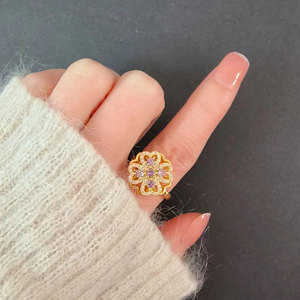 Anillo Giratorio de Circonita Púrpura con Forma de Flor, Ajustable, Chapado en Oro sobre Cobre, con Forma de Corazón y Trébol de Cuatro Hojas, Anillo de Joyería para Aliviar la Ansiedad - Product Image 3