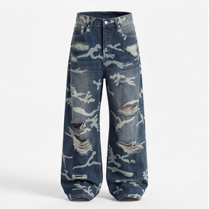 Jeans déchirés style streetwear rétro à imprimé camouflage pour hommes, pantalon ample tendance style hip-hop à jambes larges - Product Image 6