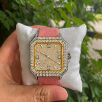 Montre de luxe sertie de diamants Moissanite, 40 mm, bracelet en cuir rose, verre saphir, montre mécanique automatique