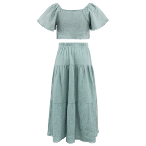 Completo Estivo per Bambina Verde Menta in Cotone Stropicciato, Top Corto con Maniche a Sbuffo e Scollo Quadrato, Gonna Lunga a Strati, <span class=keywords><strong>Età</strong></span> 2-10 Anni - Product Image 3