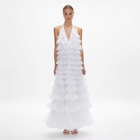 Nouvelle Robe Longue Maxi Élégante Blanche à Col Halter et Décolleté Plongeant en V, à Volants Superposés en Organza Transparent et Tulle, Coupe Trapèze, Personnalisée pour Femme, Idéale pour les Vacances à la Plage