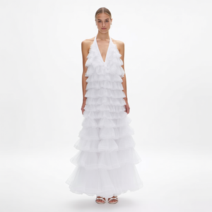 Nuovo Elegante Abito Lungo da Donna Bianco con Collo Halter, Scollo a V Profondo, Balze a Strati <span class=keywords><strong>in</strong></span> Organza <span class=keywords><strong>Trasparente</strong></span> e <span class=keywords><strong>Tulle</strong></span>, Linea ad A, Personalizzabile per Vacanze al Mare - Product Image 5
