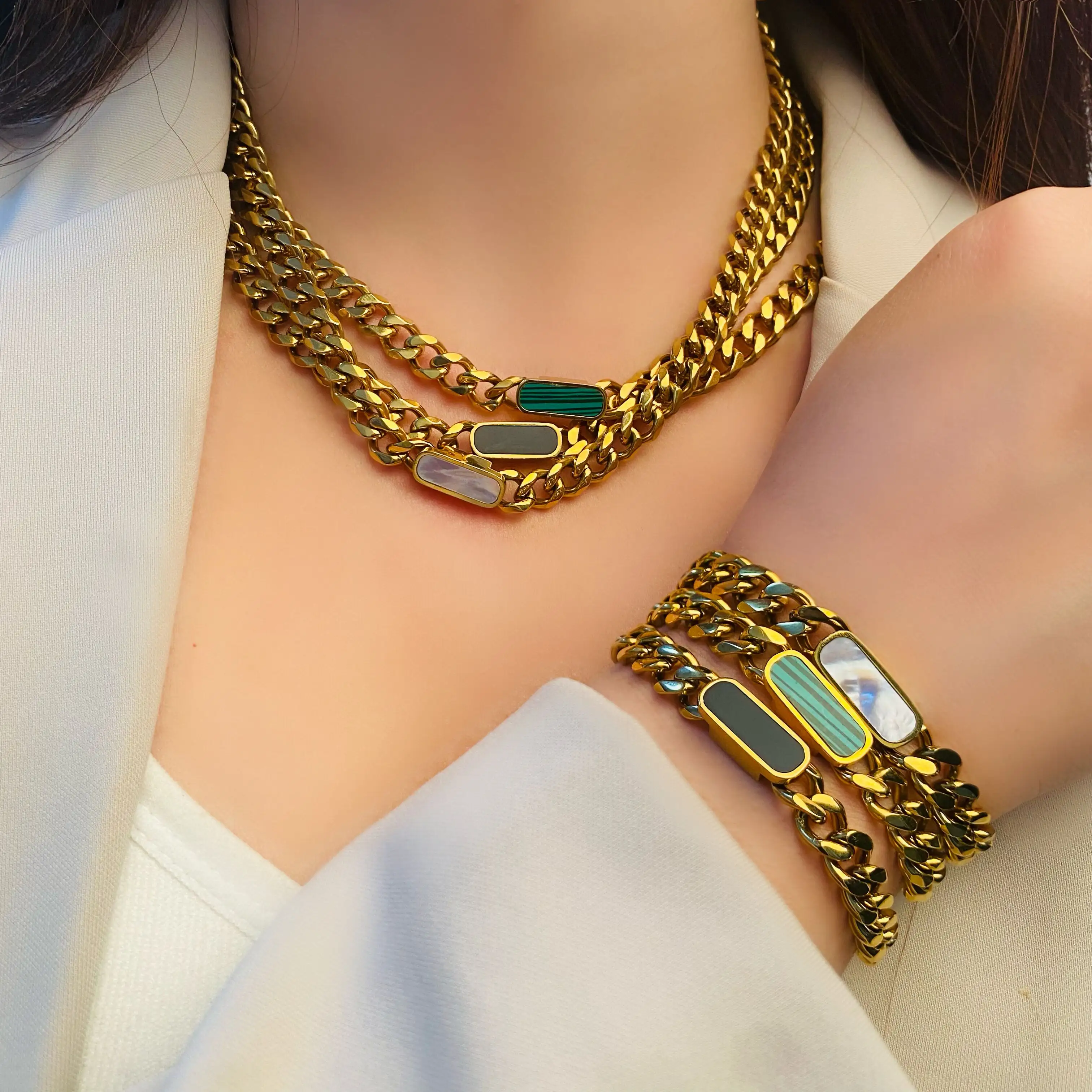 Bijoux de mode 2024 Factory Outlet Offre Spéciale exagération 18k plaqué or acier inoxydable turquoise collier et bracelet ensemble