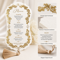 Carte de menu de mariage de luxe en papier fantaisie avec dorure à chaud et pompon, menu personnalisé pour la décoration de table de réception de mariage