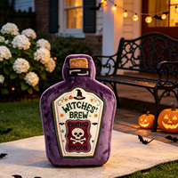 Coussin en peluche doux en forme de bouteille de potion de sorcière violette avec étiquette brodée, décoration d'Halloween pour la maison
