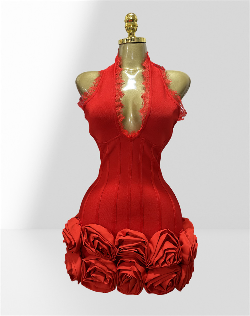 strapless open back dress MJV1770 Red Velvet Puff Sleeve Midi Dress