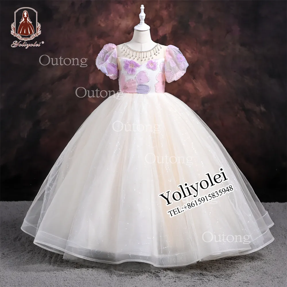 Yoliyolei Latest Beauty Pageant Champagne Kids Prom Pearl Dress Embroidered Lace Flower Girls Wedding Party Dress