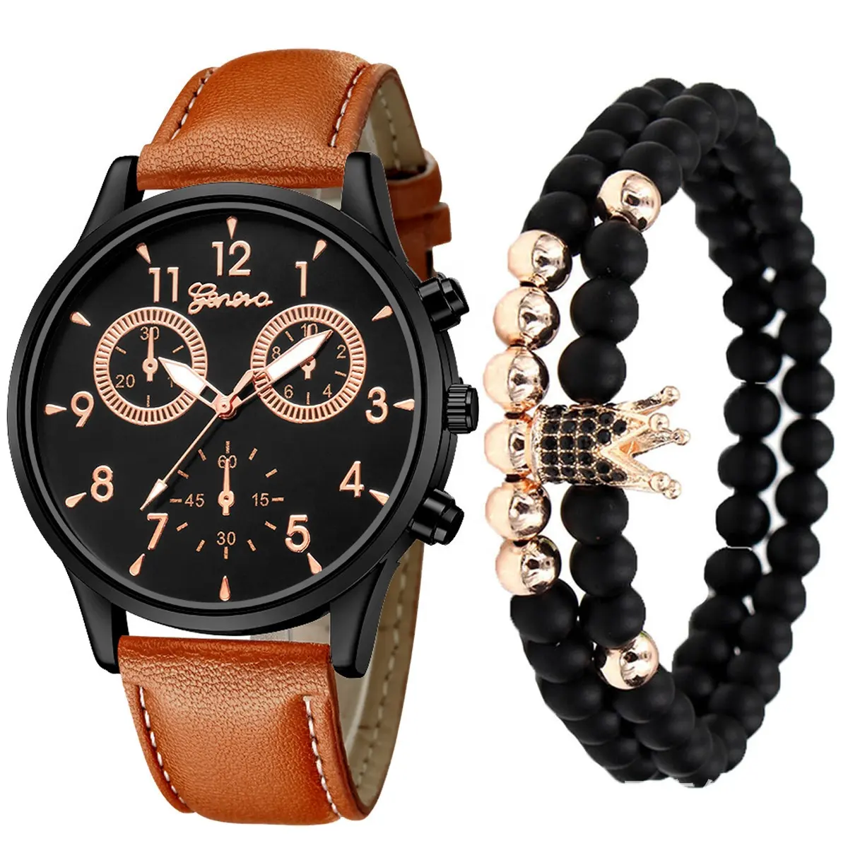 Y358 stile business new trending stile minimalista nero rotondo in pelle PU cinturino bracciale gineva 3 pz/set orologio al quarzo per gli uomini