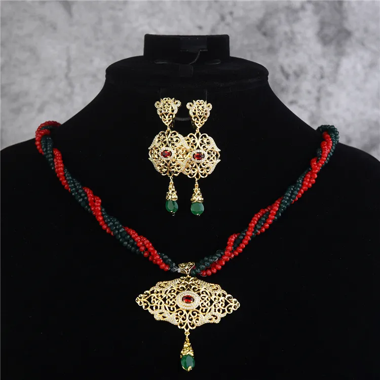 2021 New Hot Style Caftan Wedding Gold Color Jewelry Set For women With Red Pearl Jewelry Set High Quality Jewelry