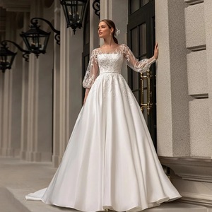 Wedding Dress Ball Gown Square Collar Long Sleeve Floral Print Satin Fabric Pure White Ivory White Natural Waistline - Product Image 3