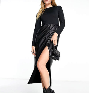 Abiti Casual da donna abito longuette da festa aderente a maniche lunghe con gonna in <span class=keywords><strong>pelle</strong></span> Pu con Clip Sexy - Product Image 2
