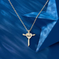 Collier Pendentif Cœur Croix en Argent Sterling 925 de Luxe, Plaqué Or 14K, Chaîne à Maillons Câblés pour Femme, Cadeau Religieux, Vente en Gros