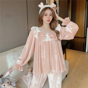 Pyjama Femme Printemps Automne Velours Cardigan Manches Longues Nœud Sexy Ensemble 2025 Nouvelle Collection Loungewear <span class=keywords><strong>Hiver</strong></span> - Product Image 2