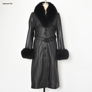 Nuova moda in <span class=keywords><strong>pelle</strong></span> <span class=keywords><strong>Trench</strong></span> giacca lunga in <span class=keywords><strong>pelle</strong></span> da <span class=keywords><strong>donna</strong></span> con grande collo di pelliccia - Product Image 5