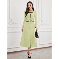 Fabricant OEM ODM sur mesure, Robe longue en tweed vert pour femme, col carré, manches longues, bordure tressée, coupe trapèze, pour soirée, hiver, logo personnalisé