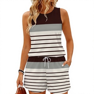 Women Striped Sleeveless Top Shorts Set O-Neck Halter Knitted Regular Fit Casual Spring Summer Wear Knee Breathable 2 Piece - Product Image 1
