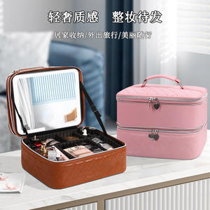 Estuche de Maquillaje Portátil con Espejo y Luz LED, Gran Capacidad, Cierre de Cremallera, Diseño a Cuadros, para Almacenamiento en el Hogar, Verano 2025 - Product Image 3