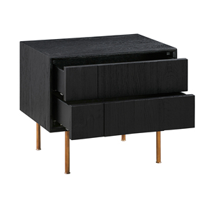 Mesita de noche Carnaby con 2 cajones, roble cepillado negro, patas de bronce, almacenamiento moderno para dormitorio - Product Image 4