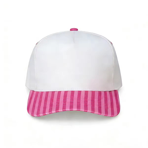 Casquette de baseball 5 panneaux personnalisée en gros avec broderie 3D en relief, visière rayée rose et blanche, réglable, en coton, style rétro, avec fermeture snapback - Product Image 2