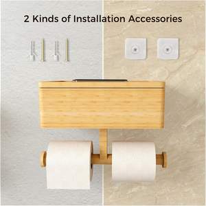 Portarrollos de Papel Higiénico 3 en 1 de Bambú con Caja de Almacenamiento, Estante de Baño para Papel y Artículos Pequeños, Organizador de Baño Montado en la Pared - Product Image 2