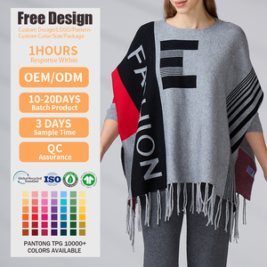 Poncho de Punto Personalizado para Mujer, con Bloques de Color y Rayas, Estampado Geométrico, con Borlas y Flecos, Manga Larga, Tipo Capa o Chal, para Invierno - Product Image 2