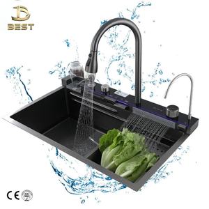 อ่างล้างจานแบบชามเดียวทันสมัยสำหรับห้องครัวดีไซน์น้ำตกสีดำ PVD ทรายข้าวฟ่างอเนกประสงค์ - Product Image 5