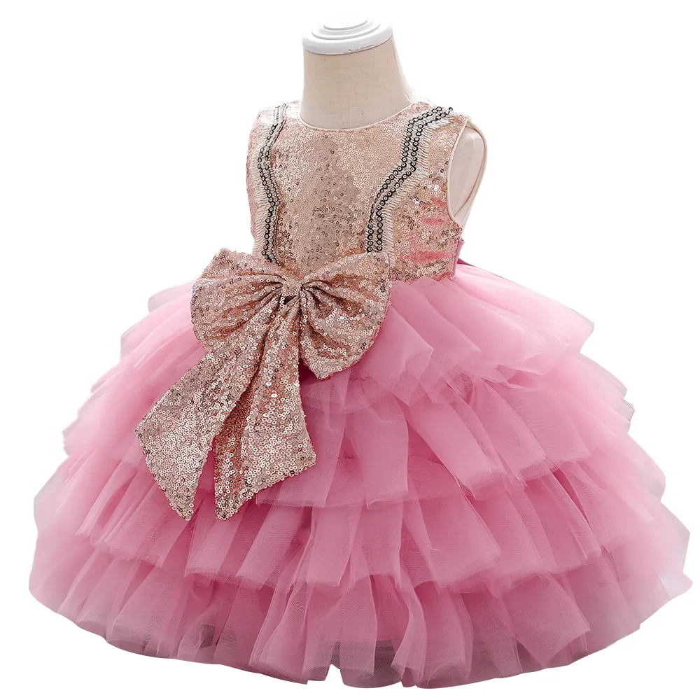 FSMKTZ sıcak satış tarzı Sequins Bow çocuklar katmanlı elbise güzel bebek kız giysileri noel partisi elbise çocuk giyim
