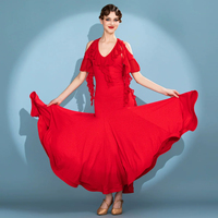 Robe longue de danse à volants et épaules dénudées, col en V, couleur unie, pour la danse moderne, compétitions et spectacles