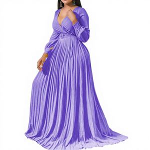 Robe longue en mousseline vintage taille empire pour femme, été <span class=keywords><strong>2022</strong></span>, col en V profond, jupe plissée devant, couleur unie, coupe évasée - Product Image 1