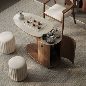 <b>Walnut</b> Wood Tea <b>Table</b> With Storage Movable Outdoor Tea Cart For Balcony Home Use - Product Image 2