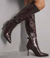 Bottes hautes marron en cuir verni pour femme, personnalisables, à bout pointu, avec fermeture éclair latérale et boucle, talon aiguille