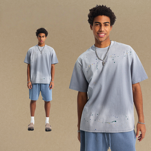 여름 트렌디 유니섹스 반팔 티셔츠 아메리칸 빈티지 스타일 레트로 솔리드 100% 코튼 니트 루즈 블랭크 디지털 - Product Image 1