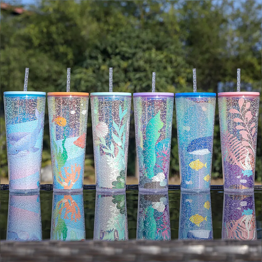 Yeni çevre dostu 24oz okyanus serisi kabarcık akrilik pipetli bardak çocuklar için, sevimli çift duvar plastik kahve kupası stokta
