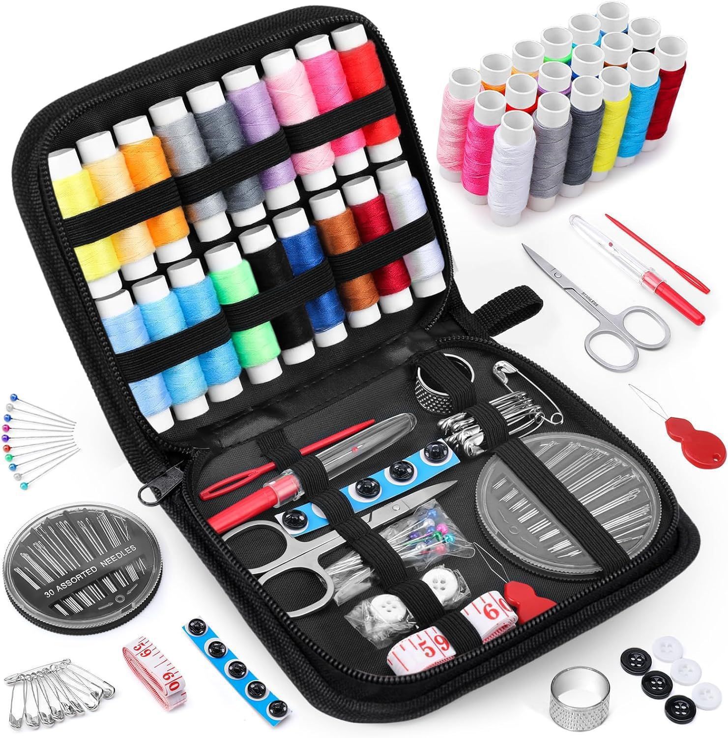 black 86-piece sewing kit with thimbles