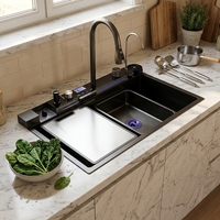 Évier de cuisine multifonctionnel de luxe noir intelligent moderne en acier inoxydable avec cascade, lave-tasses intégré, écologique et économe en eau