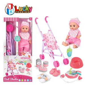 Neues Design Silikon Baby Pretend Play Toy Set Spielzeug Kinderwagen Puppe Mädchen Spielzeug mit Sound Drinking und Pee Doll