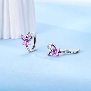 Pendientes de Aro de <span class=keywords><strong>Plata</strong></span> de Ley <span class=keywords><strong>925</strong></span> con Mariposas Rosas y Moradas con Circonita Colgante Estilo Clásico para Fiesta o Regalo para Mujer - Product Image 3