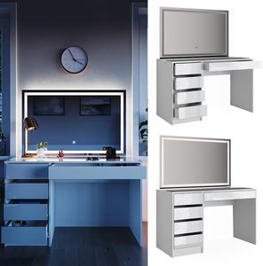 Table de toilette moderne blanche avec miroir LED, tiroirs de rangement, bois, table de maquillage pour chambre à coucher avec miroir éclairé - Product Image 4